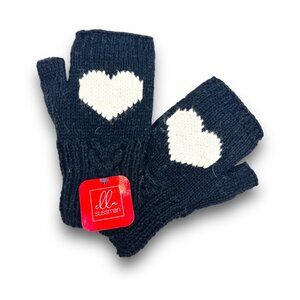 Handmade Knit Alpaca Wool Black Heart Fingerless Gloves Fleece Womens